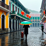 Macau Peninsula - Rainy Day Charm**

Prompt: Rainy day in Macau Peninsula, Senado Square, wet cobblestone streets reflecting colorful Portuguese colonial buildings, people with umbrellas, soft light, atmospheric, hint of mist, traditional Chinese lanterns glowing, cinematic.

**