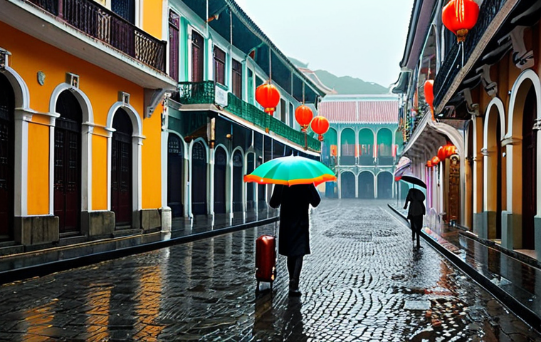 Macau Peninsula - Rainy Day Charm**

Prompt: Rainy day in Macau Peninsula, Senado Square, wet cobblestone streets reflecting colorful Portuguese colonial buildings, people with umbrellas, soft light, atmospheric, hint of mist, traditional Chinese lanterns glowing, cinematic.

**