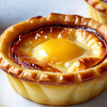 **Image of a Pastel de Nata (Portuguese Egg Tart):** "Close-up of a golden, freshly baked Pastel de Nata with a flaky crust and a creamy, slightly burnt custard filling, Macau."