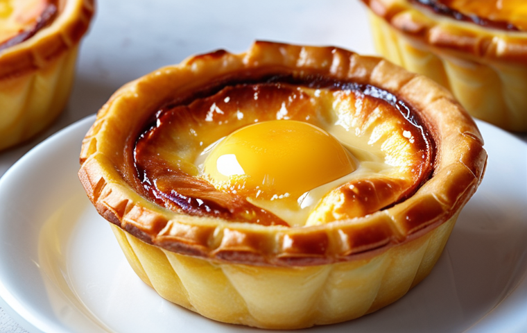 **Image of a Pastel de Nata (Portuguese Egg Tart):** "Close-up of a golden, freshly baked Pastel de Nata with a flaky crust and a creamy, slightly burnt custard filling, Macau."